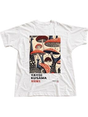 White Tee with Red & Navy Mushroom Art
